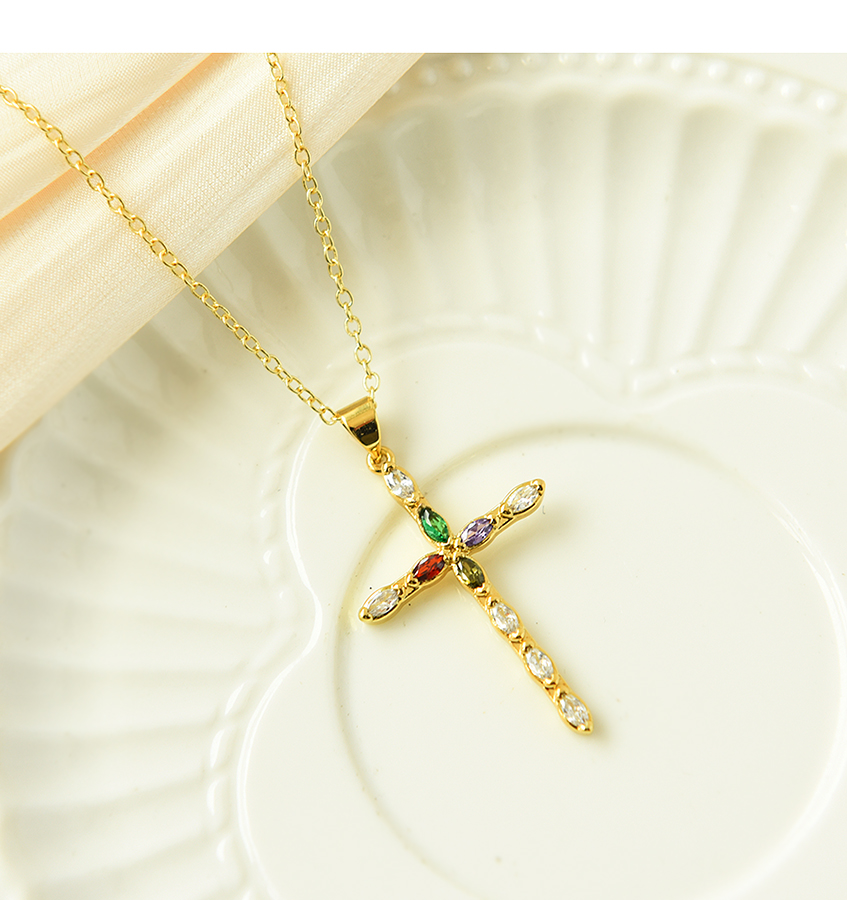 Fashion Gold Copper Inlaid Zirconium Cross Necklace,Necklaces