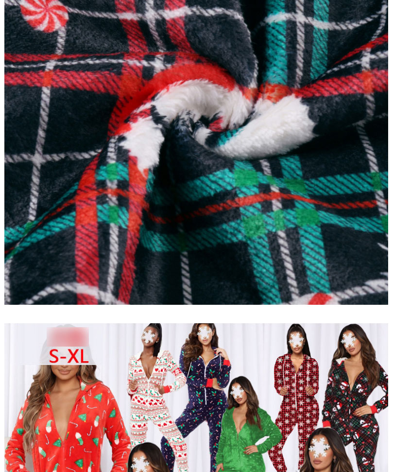 Fashion Red Green And Black Stitching Christmas Print Hooded One-piece Pajamas,CURVE SLEEP & LOUNGE