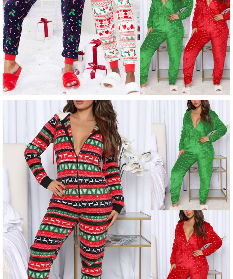 Fashion Green Background Light String Christmas Print Hooded One-piece Pajamas,CURVE SLEEP & LOUNGE