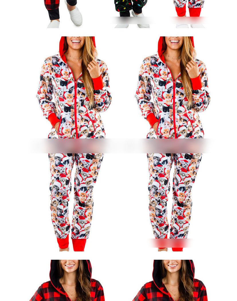 Fashion Check Red Christmas Print Hooded One-piece Pajamas,CURVE SLEEP & LOUNGE