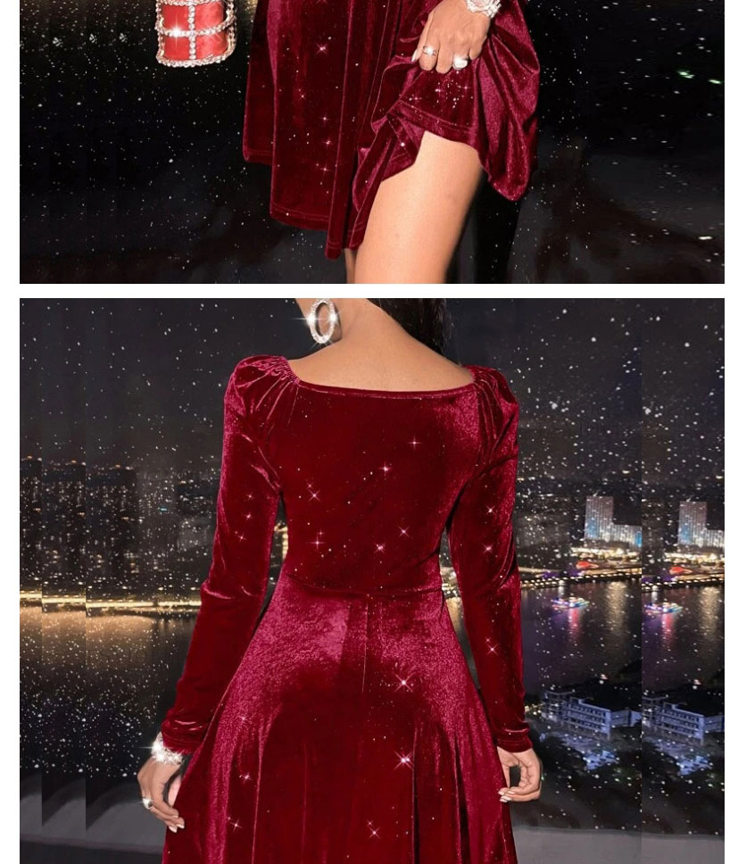 Fashion Red V-neck Velvet Waist Dress,Mini & Short Dresses
