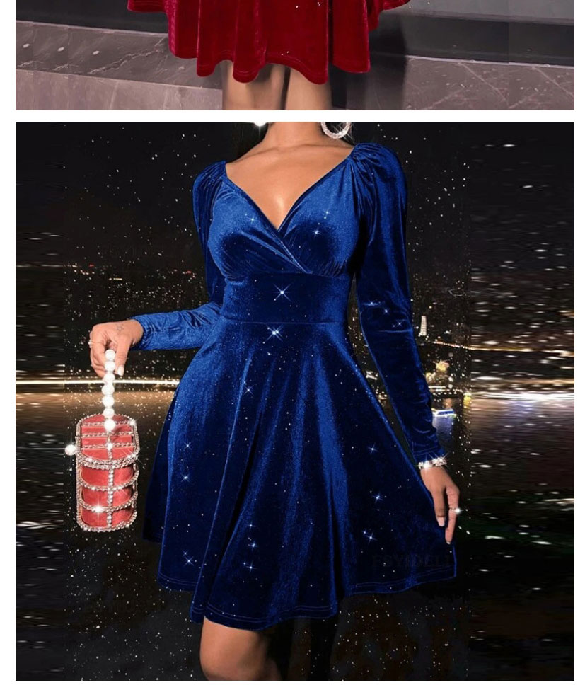 Fashion Blue V-neck Velvet Waist Dress,Mini & Short Dresses