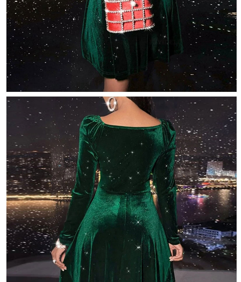 Fashion Green V-neck Velvet Waist Dress,Mini & Short Dresses