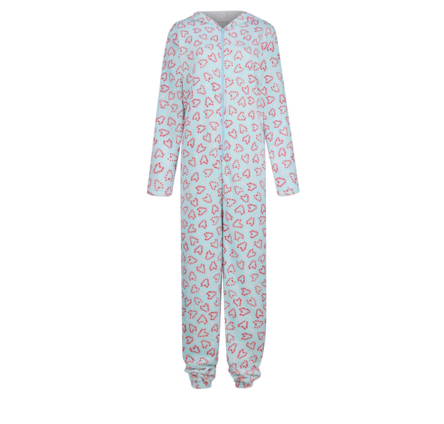 Fashion Love Blue Love Print Hooded One-piece Pajamas,CURVE SLEEP & LOUNGE
