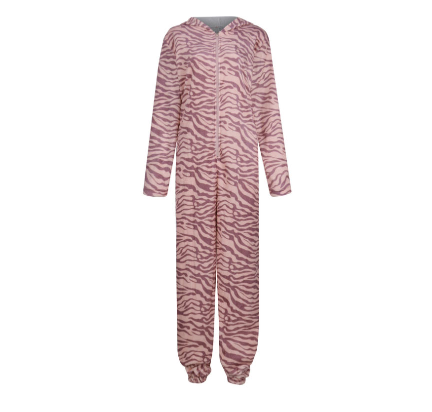 Fashion Wave Powder Zebra Print Hooded One-piece Pajamas,CURVE SLEEP & LOUNGE