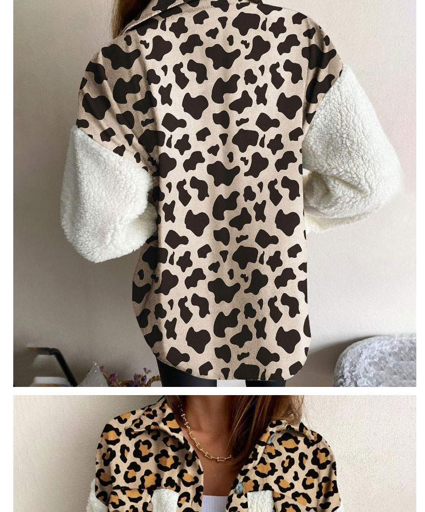 Fashion Beige Cow Check Leopard Print Plush Panel Buttoned Jacket,Coat-Jacket