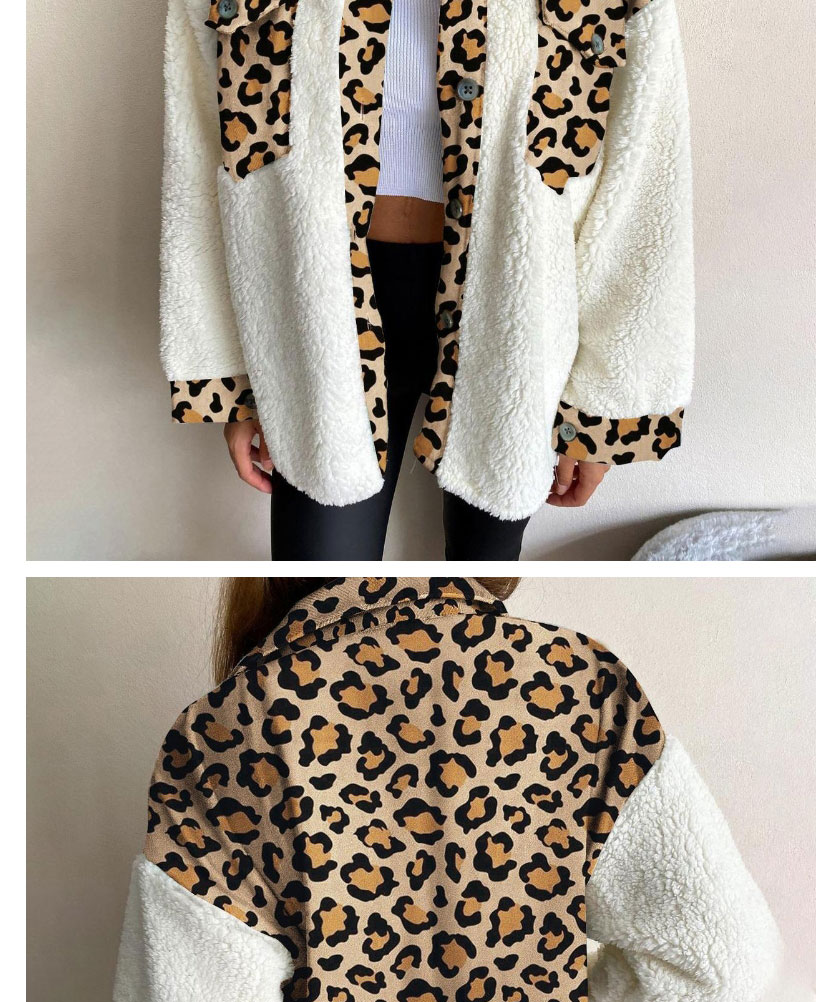 Fashion Beige Cow Check Leopard Print Plush Panel Buttoned Jacket,Coat-Jacket