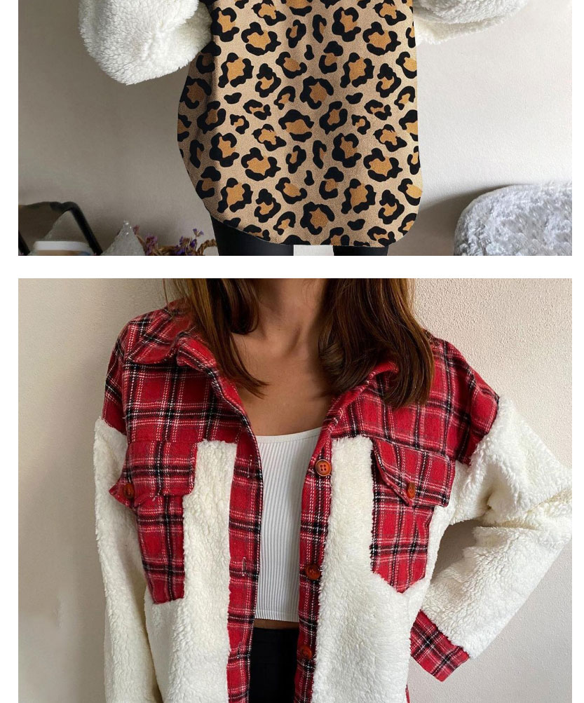Fashion Brown Check Leopard Print Plush Panel Buttoned Jacket,Coat-Jacket