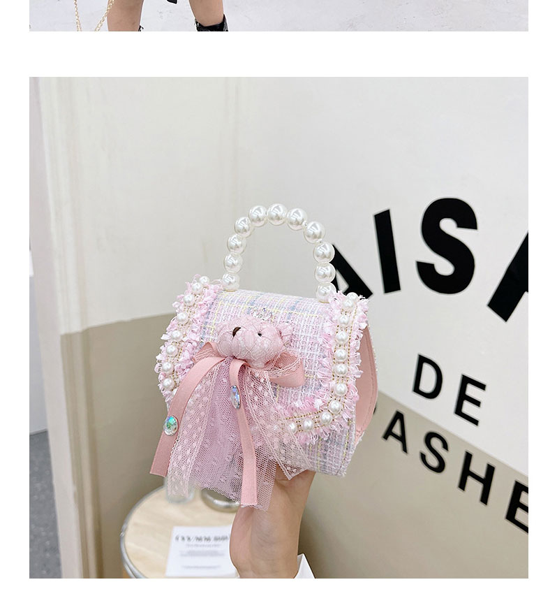 Fashion Pink Cotton And Linen Bear Label Pearl Portable Messenger Bag,Shoulder bags