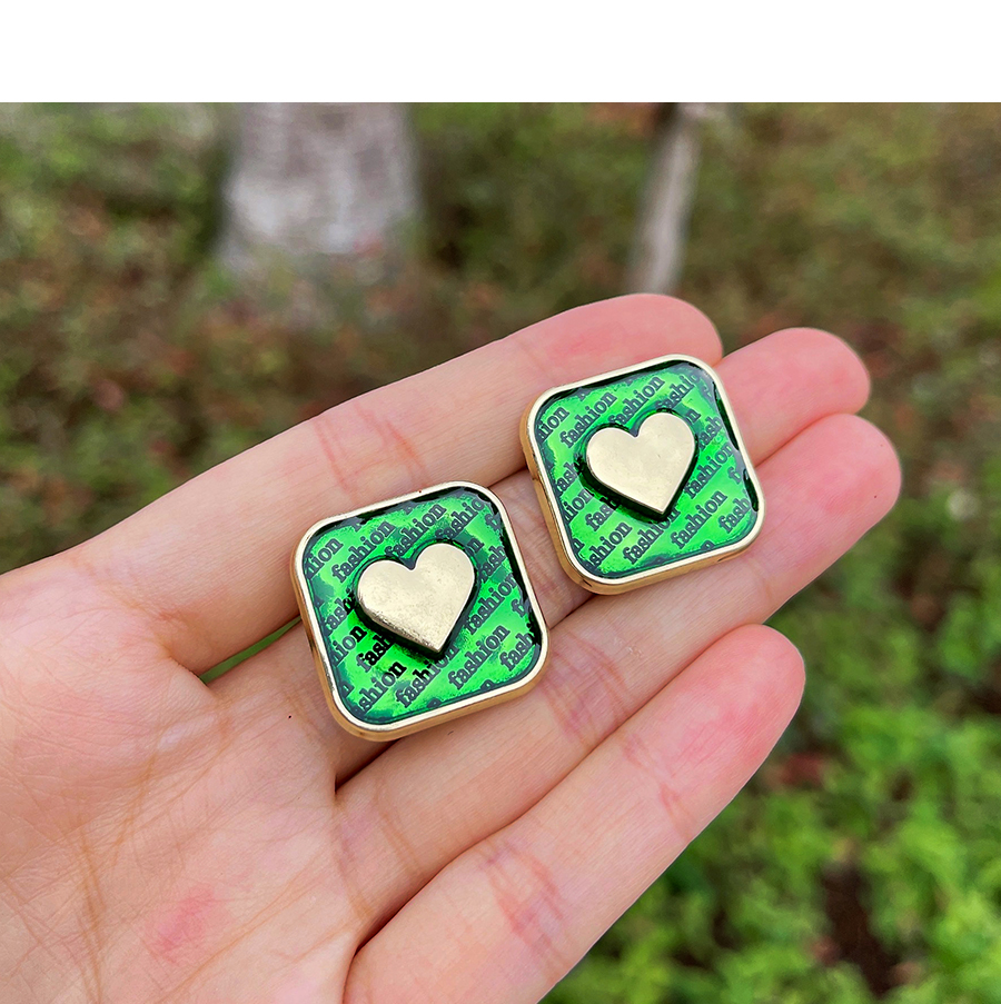 Fashion Green Alloy Square Heart Stud Earrings,Stud Earrings