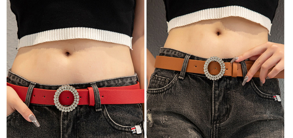 Fashion Dark Khaki Thin Pu Leather Belt With Diamond Round Buckle,Wide belts