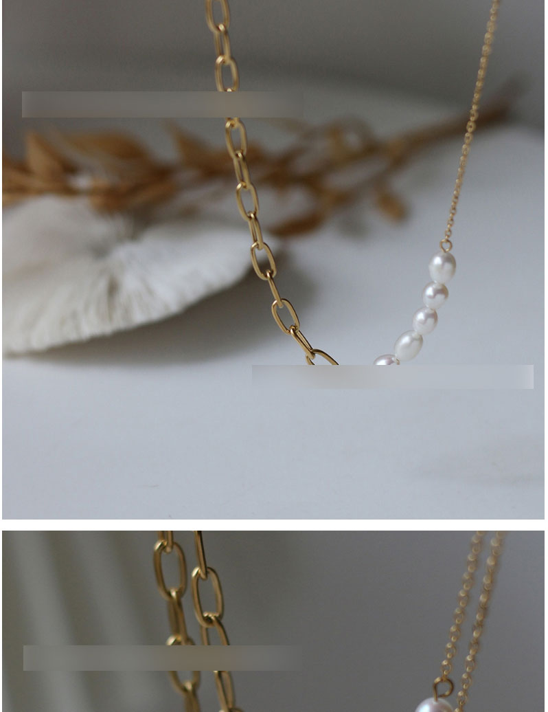 Fashion Gold Color Titanium Steel Gold-plated Stitching Rice Pearl Chain Necklace,Necklaces