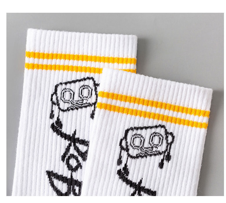 Fashion Yellow 2 Bars Cotton Robot Print Socks,Fashion Socks