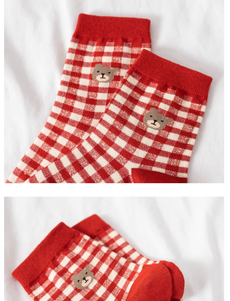 Fashion Big Red Small Grid Bear Embroidered Tube Socks,Fashion Socks