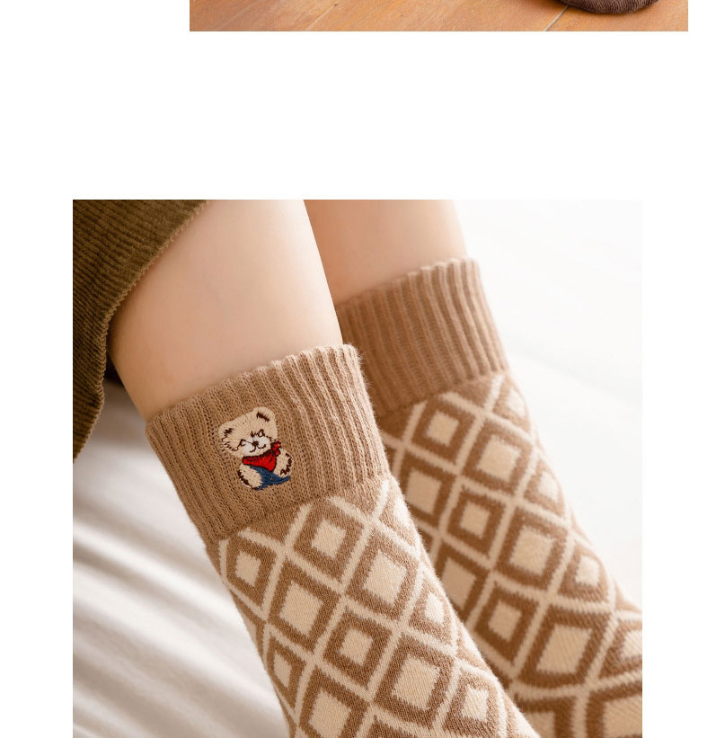 Fashion Coffee Dotted Big Rhombus Bear Embroidered Check Socks,Fashion Socks