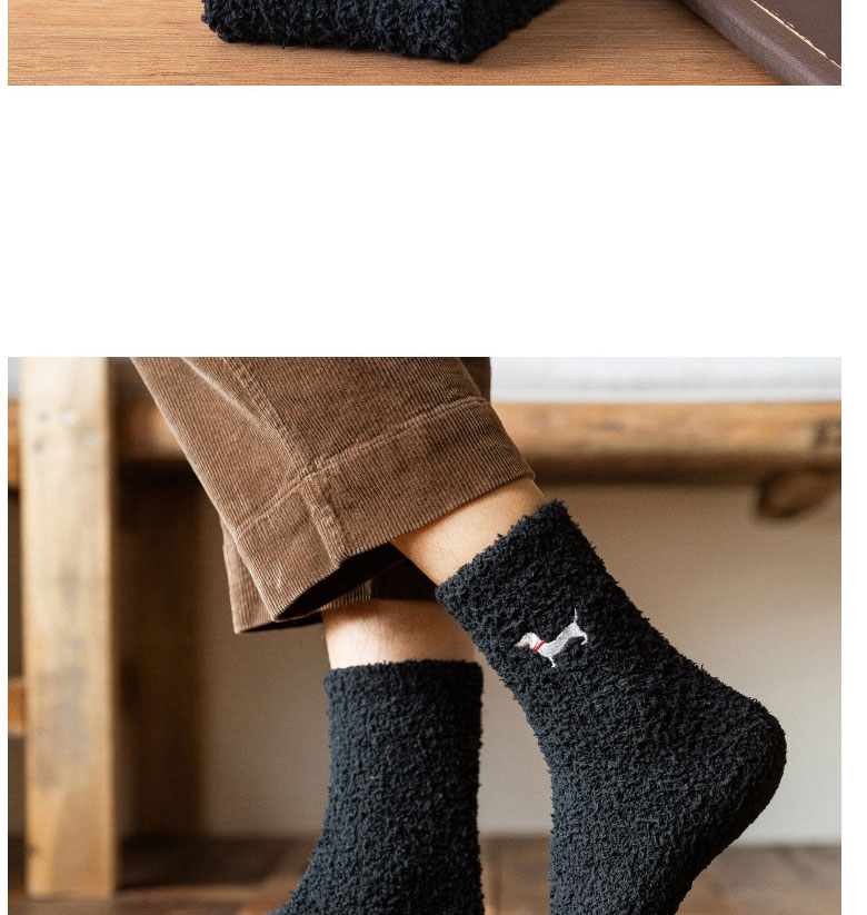 Fashion Dark Gray Puppy Embroidered Coral Fleece Tube Socks,Fashion Socks