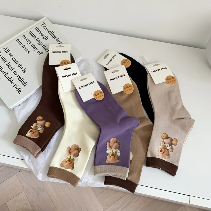 Fashion Khaki Cartoon Bear Hot Stamping Tube Socks,Fashion Socks