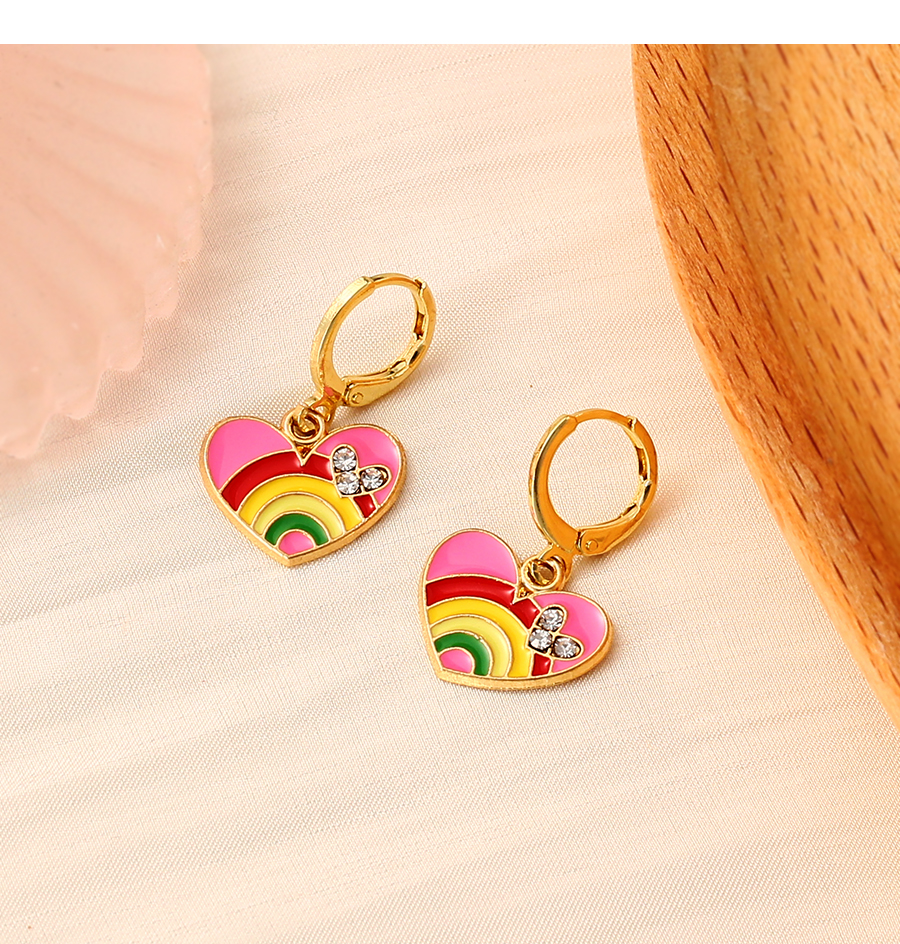 Fashion Color Alloy Oil Drop Inlaid Zirconium Rainbow Love Earrings,Hoop Earrings