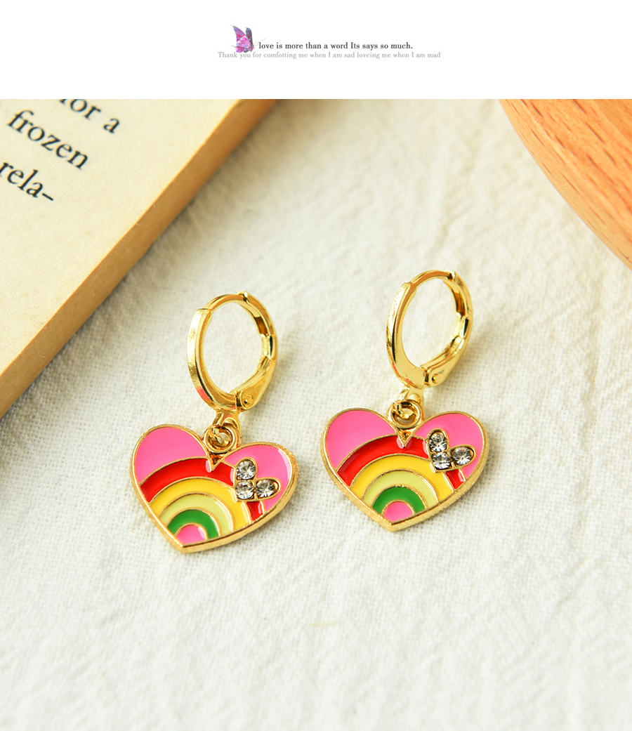 Fashion Color Alloy Oil Drop Inlaid Zirconium Rainbow Love Earrings,Hoop Earrings
