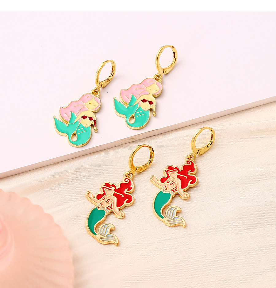 Fashion Red Alloy Drip Oil Mermaid Ear Ring,Hoop Earrings