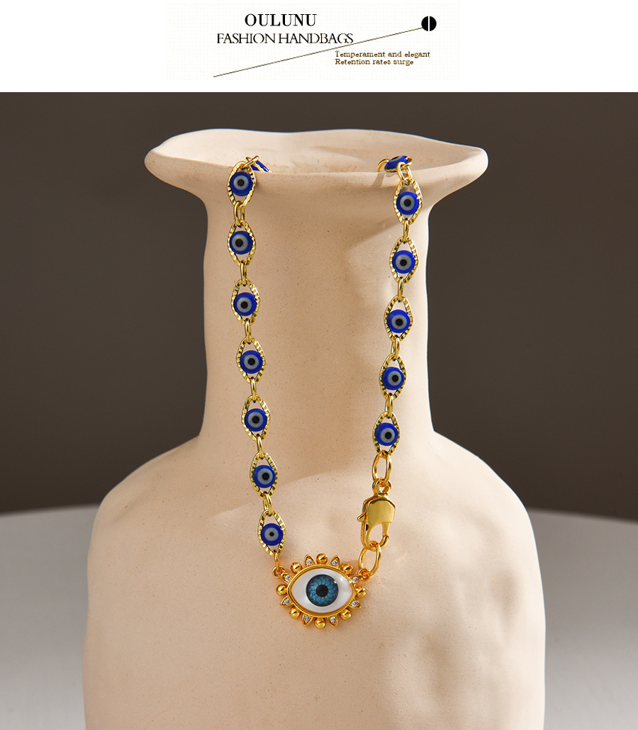 Fashion Navy Blue Copper Drop Oil Inlaid Zirconium Eyes Lobster Clasp Necklace,Necklaces