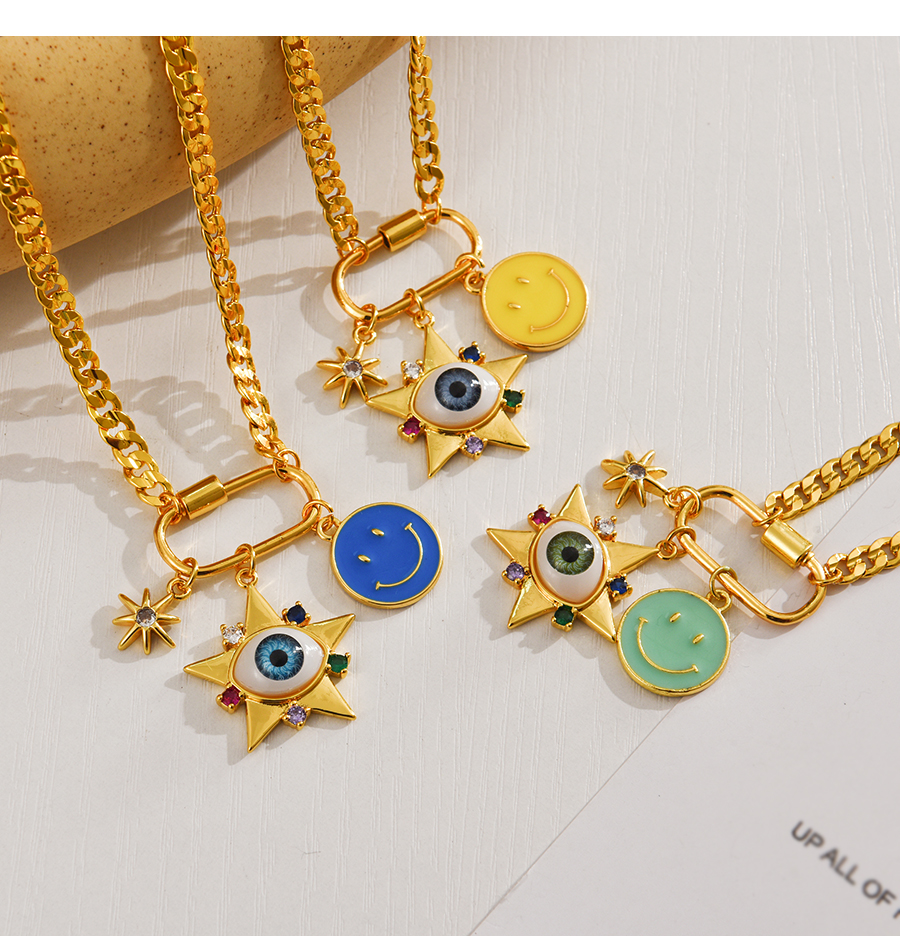 Fashion Yellow Copper Drop Oil Inlaid Zirconium Eyes Smiley Face Paper Clip Necklace,Necklaces