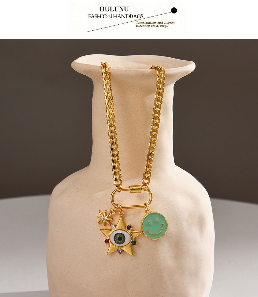 Fashion Yellow Copper Drop Oil Inlaid Zirconium Eyes Smiley Face Paper Clip Necklace,Necklaces