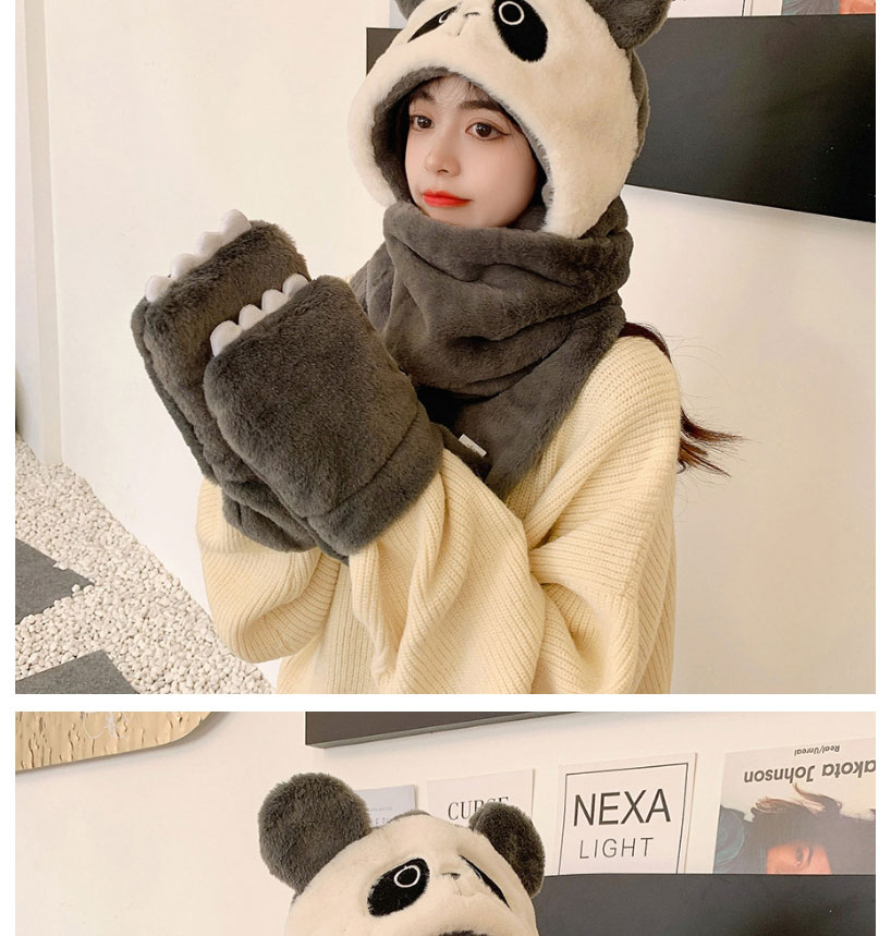 Fashion Khaki Panda Scarf And Gloves One Plush Three-piece Suit,Full Finger Gloves