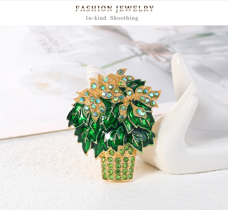 Fashion Green Alloy Flower Pot Brooch With Diamonds,Korean Brooches