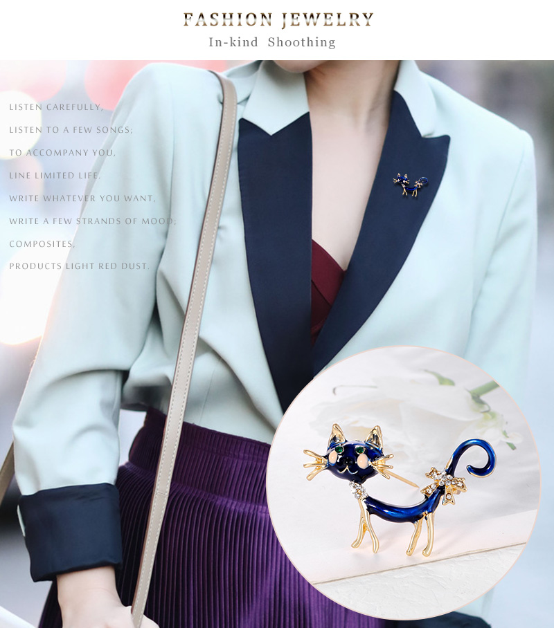 Fashion Blue Alloy Oil Drop Diamond Cat Brooch,Korean Brooches