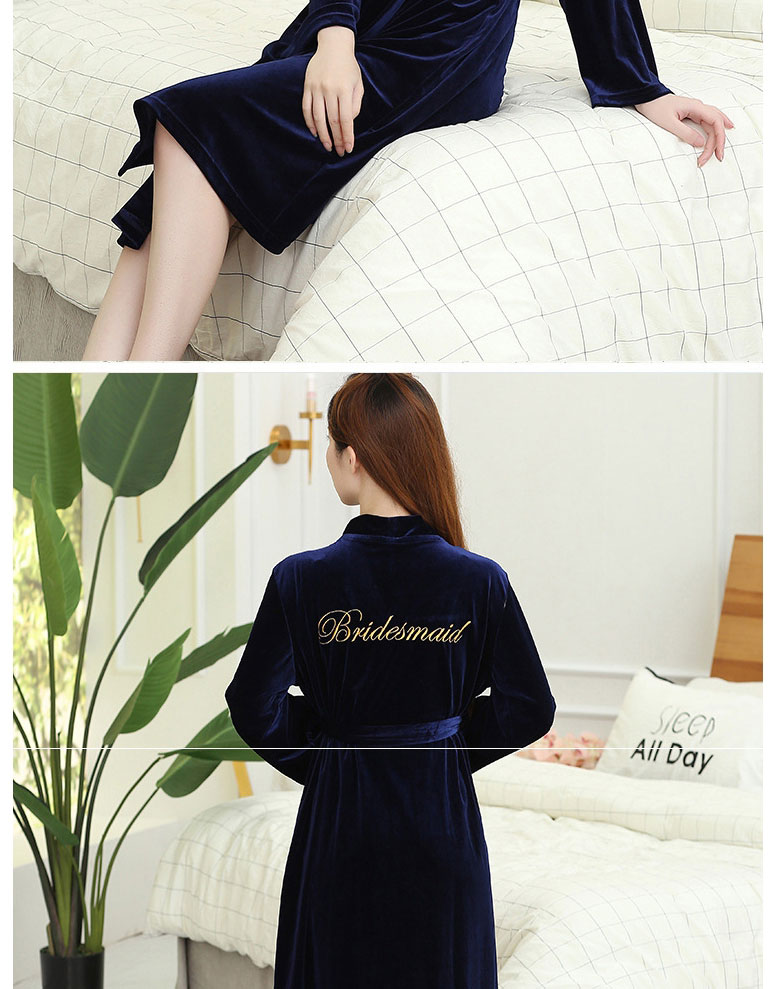 Fashion Gold Color Velvet Bridesmaid Style-navy Blue Gold Velvet Letter Embroidered Nightgown Cardigan,CURVE SLEEP & LOUNGE