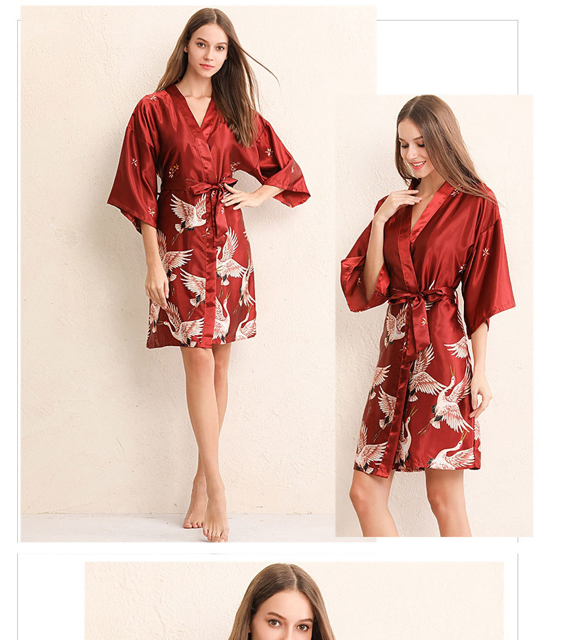 Fashion Burgundy Solid Color Without Words Imitation Silk Geometric Print Bandage Nightgown,CURVE SLEEP & LOUNGE