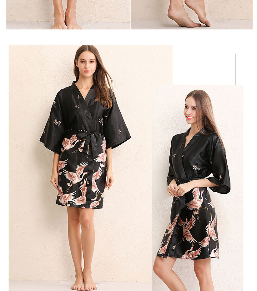 Fashion Dream Black Crane Mid-length Faux Silk Geometric Print Bandage Nightgown,CURVE SLEEP & LOUNGE