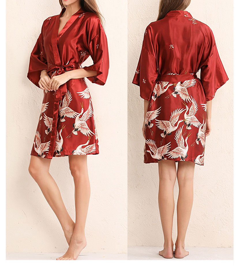 Fashion Big Red Bridal Print Imitation Silk Geometric Print Bandage Nightgown,CURVE SLEEP & LOUNGE