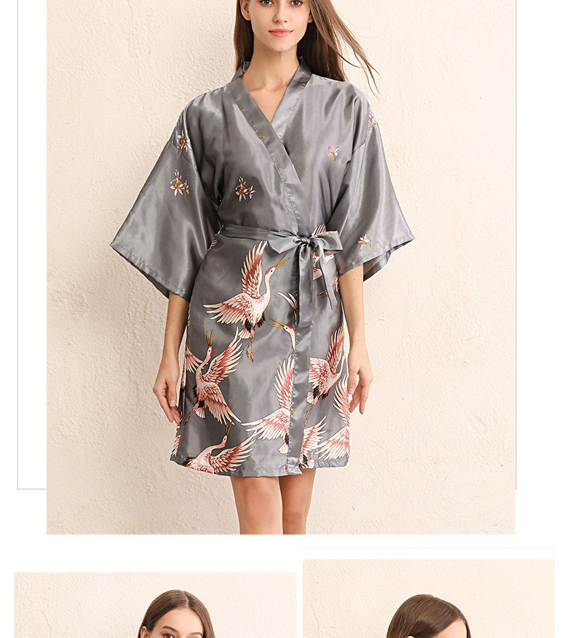 Fashion Burgundy Crane Medium Long Imitation Silk Geometric Print Bandage Nightgown,SLEEPWEAR & UNDERWEAR
