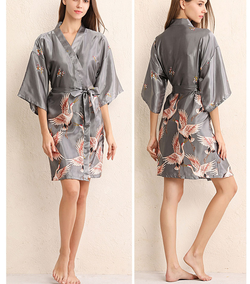 Fashion Elegant Gray Crane Mid-length Imitation Silk Geometric Print Bandage Nightgown,CURVE SLEEP & LOUNGE