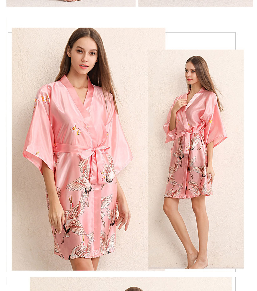 Fashion Elegant Grey Nightgown Crane Imitation Silk Geometric Print Bandage Nightgown,CURVE SLEEP & LOUNGE