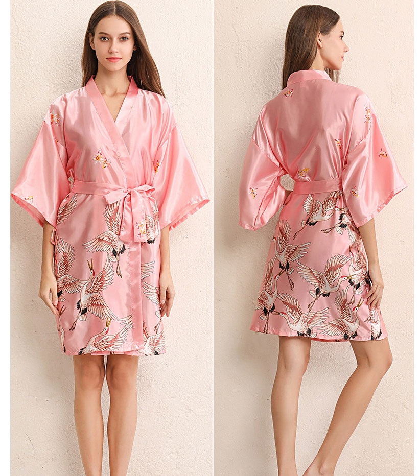 Fashion Pink Wordless Solid Color Imitation Silk Geometric Print Bandage Nightgown,CURVE SLEEP & LOUNGE