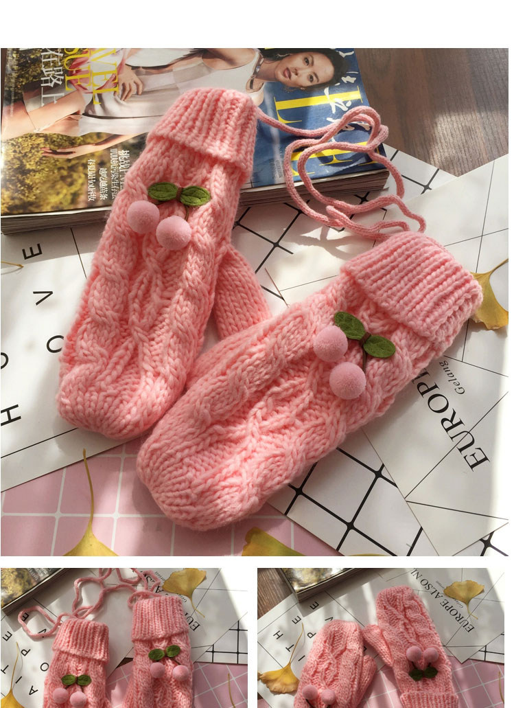 Fashion Light Pink/pink Cherry Twist-knit Cherry Mittens Halterneck Gloves,Full Finger Gloves