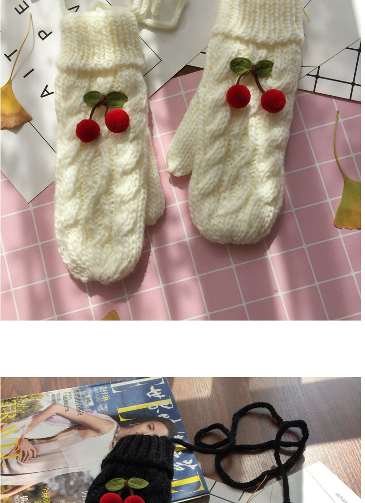 Fashion White/pink Cherry Twist-knit Cherry Mittens Halterneck Gloves,Full Finger Gloves