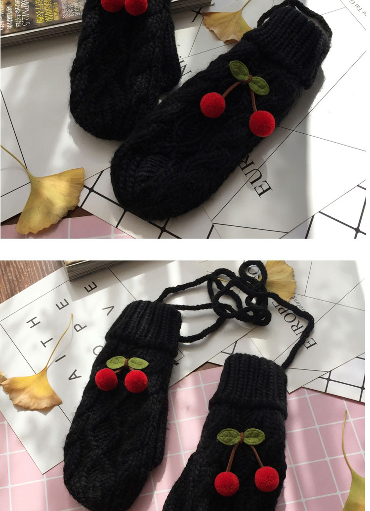 Fashion Black/red Cherry Twist-knit Cherry Mittens Halterneck Gloves,Full Finger Gloves