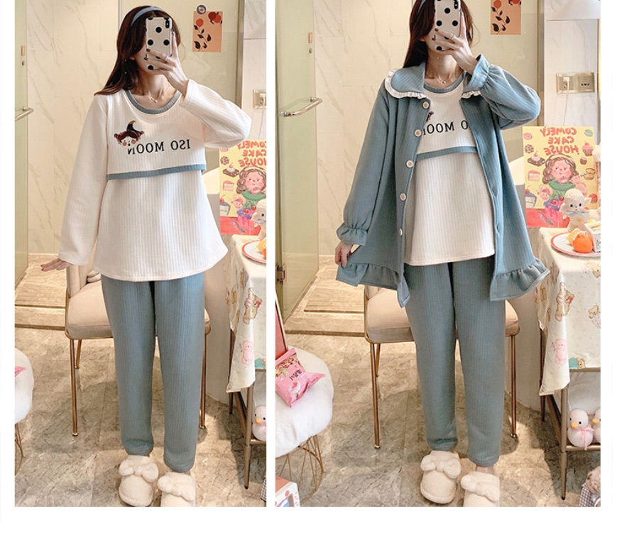 Fashion Blue Cute Cow Three-piece Air Cotton Side-breasted Pajamas For Pregnant Women,CURVE SLEEP & LOUNGE
