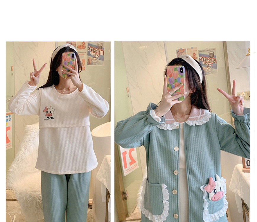 Fashion Blue Cute Cow Three-piece Air Cotton Side-breasted Pajamas For Pregnant Women,CURVE SLEEP & LOUNGE