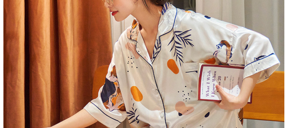Fashion White Pineapple Ice Silk Print Short-sleeved Shorts Pajama Set,CURVE SLEEP & LOUNGE