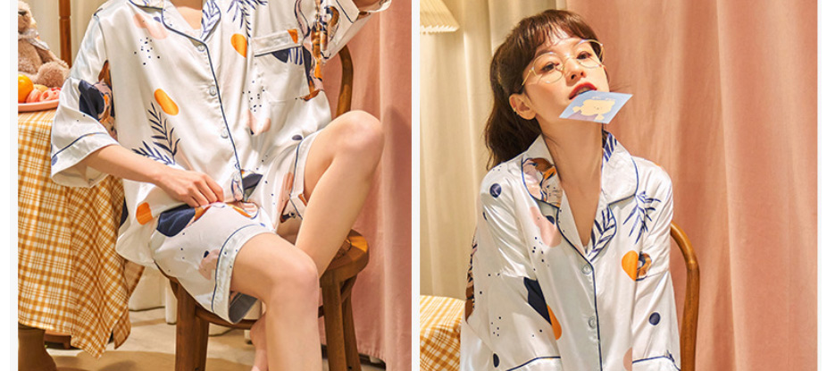 Fashion Silver Color Ice Silk Print Short-sleeved Shorts Pajama Set,CURVE SLEEP & LOUNGE