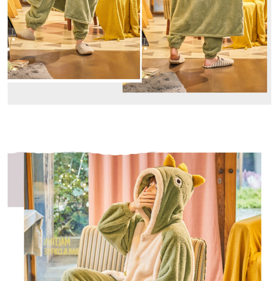 Fashion Dinosaur Coral Fleece Cartoon Hooded Nightgown And Pants Set,CURVE SLEEP & LOUNGE