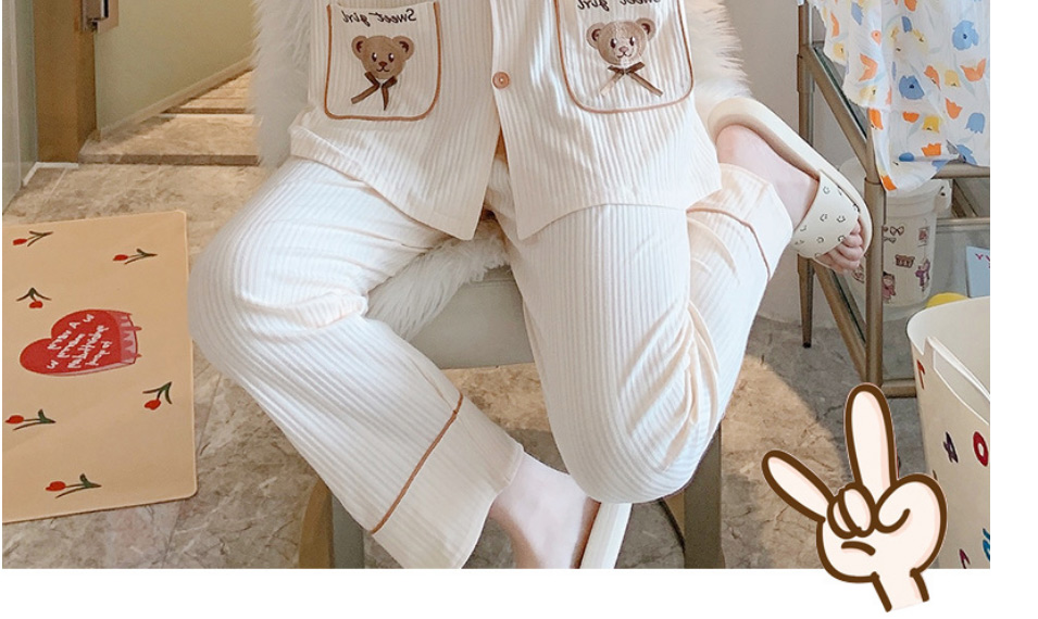 Fashion 5808 Lace Bow Tie Bear White Cotton Lapel Cartoon Pocket Pajamas Suit,CURVE SLEEP & LOUNGE