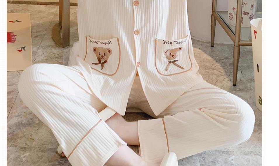 Fashion 5808 Lace Bow Tie Bear White Cotton Lapel Cartoon Pocket Pajamas Suit,CURVE SLEEP & LOUNGE