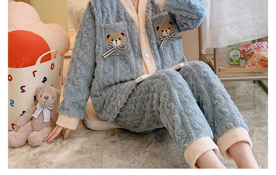 Fashion 2060 Beige Bow Tie Bear Coral Fleece Bear Xingyue Alphabet Pajama Set,CURVE SLEEP & LOUNGE