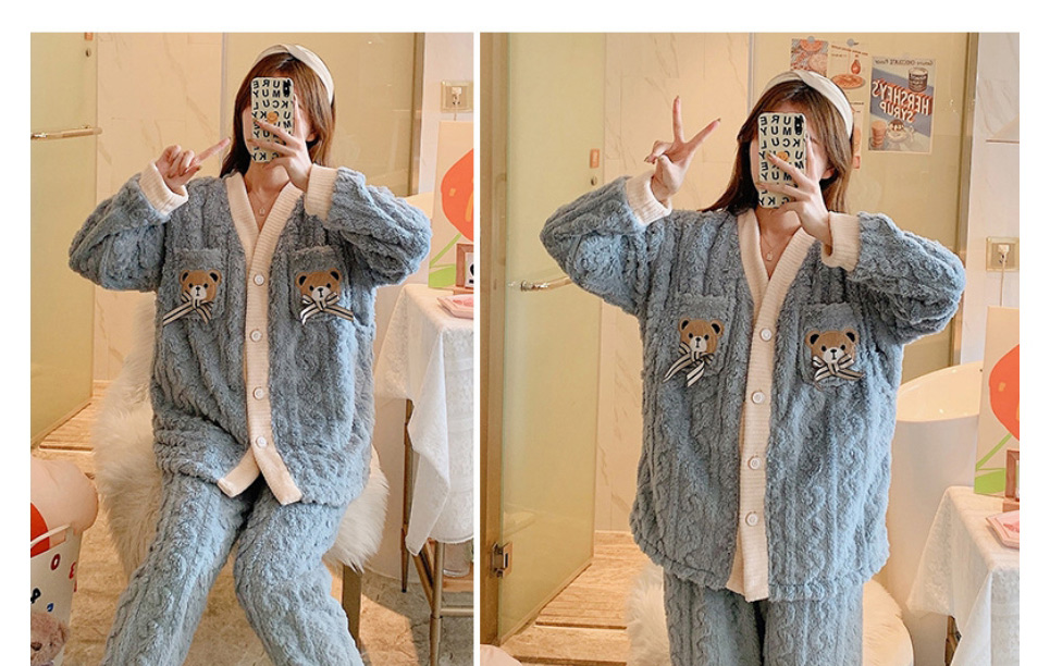 Fashion 2060 Beige Bow Tie Bear Coral Fleece Bear Xingyue Alphabet Pajama Set,CURVE SLEEP & LOUNGE